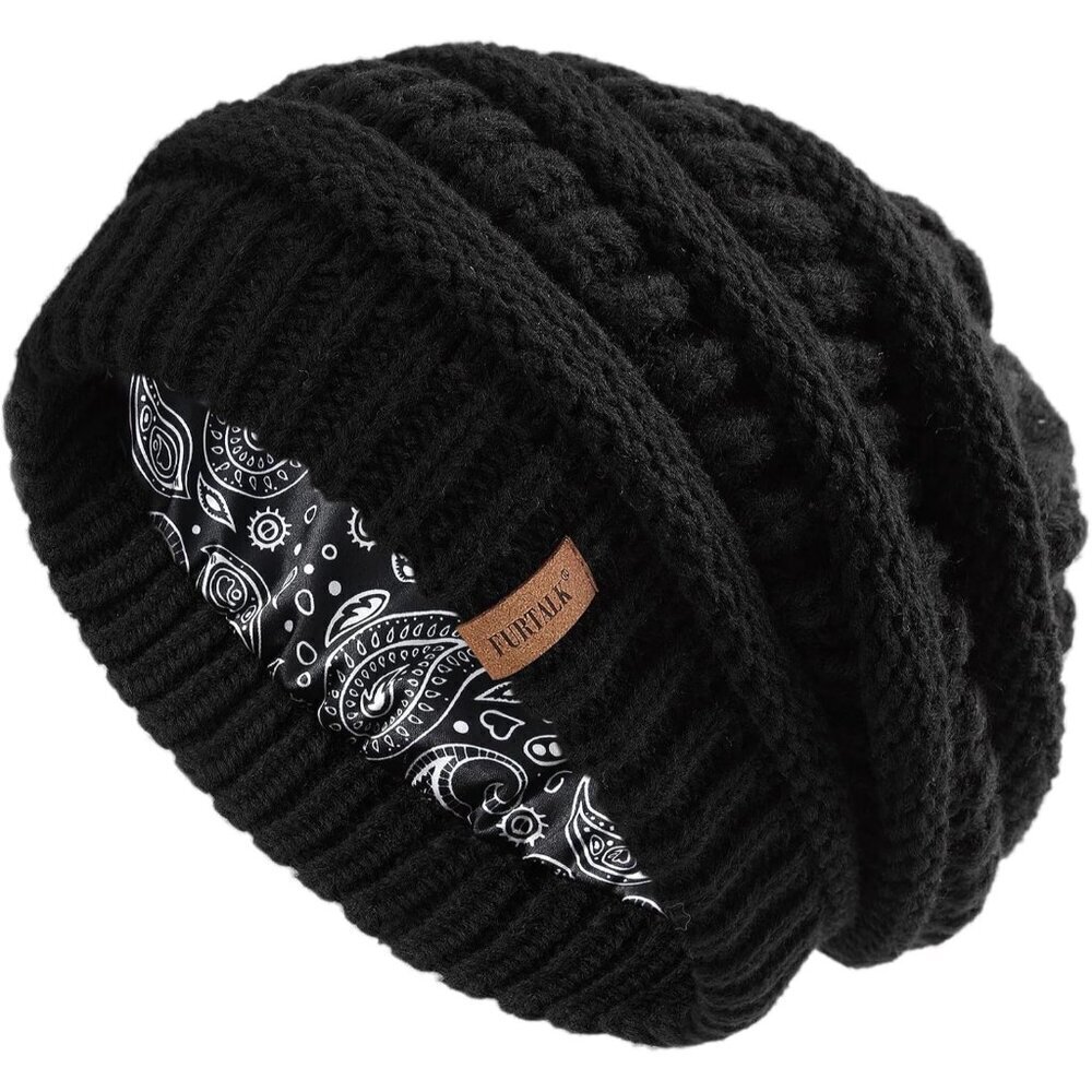 🆕Furtalk Slouchy Beanies Women Black Winter Satin Cable Knit Chunky Warm Caps